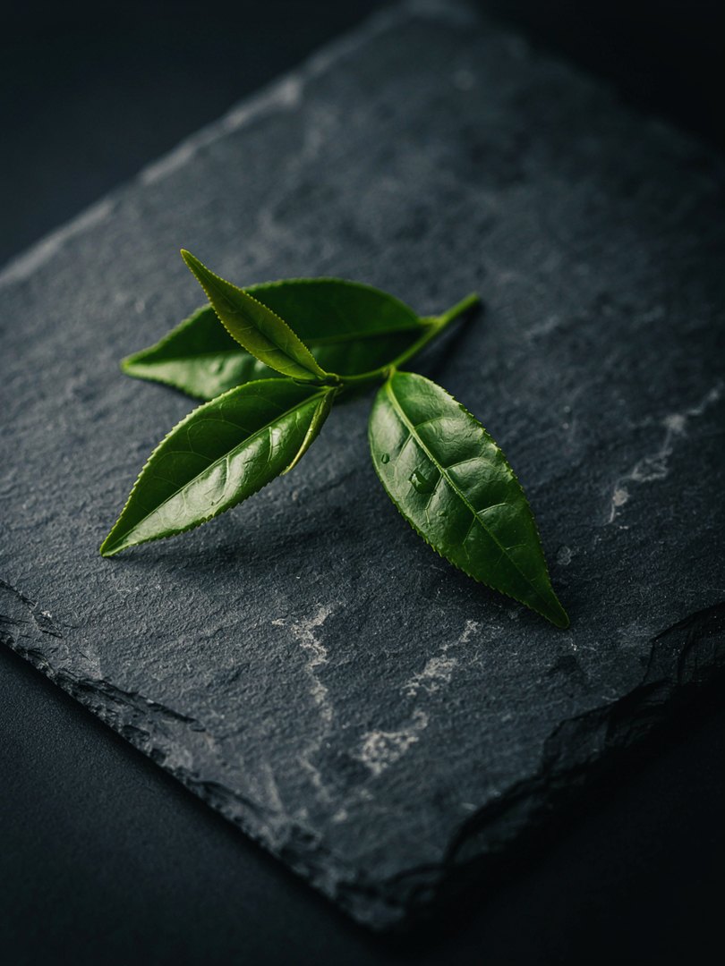Hojas de té verde sobre pizarra oscura