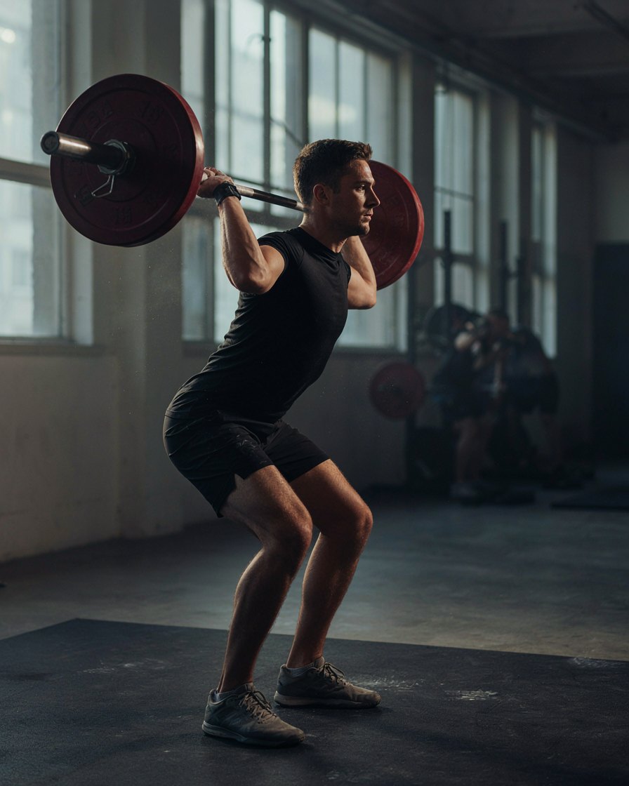 Una persona hace una sentadilla con barra en el gimnasio